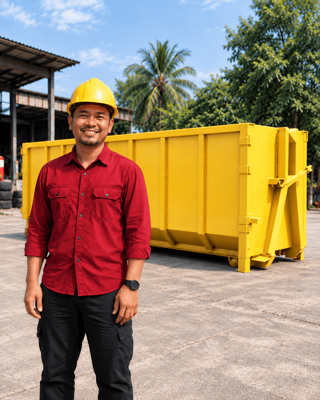 Krew Saiboss bertopi keledar berdiri di hadapan tong roro kuning di pangkalan Dengkil
